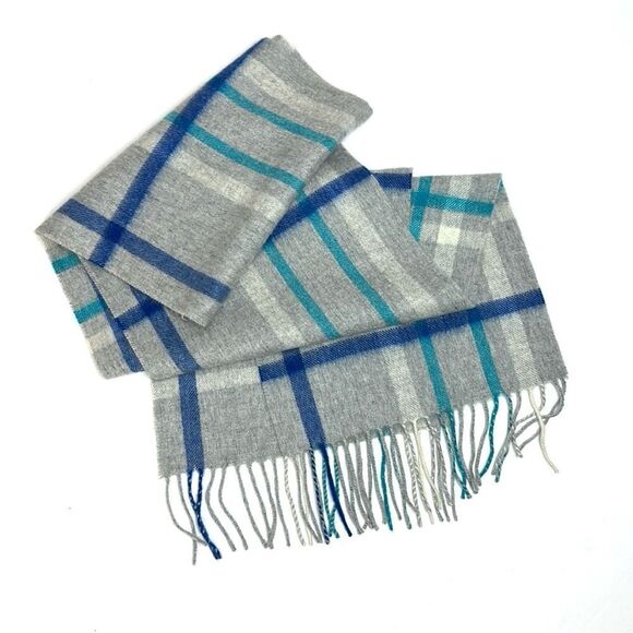 Charter Club Cashmere Scarf Gray Blue Plaid with Fringes Women’s Men’s - Picture 3 of 9